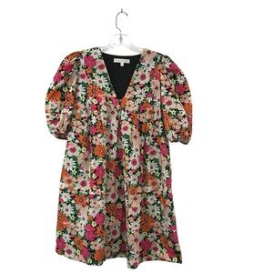 Karlie Poppy Cotton Dress Multicolor Floral Dress Size Small Puff Sleeve V Neck